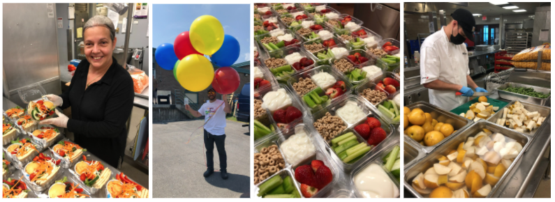 Picture collage of cafeteria food preparation